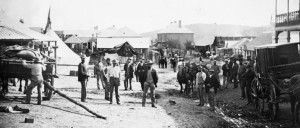 Clarke Street looking south with Captain Gus Pierce's Great Varieties Theatre (tent show, left) and Merlin's photographic cart (right), Hill End Wet plate glass negative, Holtermann Collection, ON 4 Box 10 No 70133
