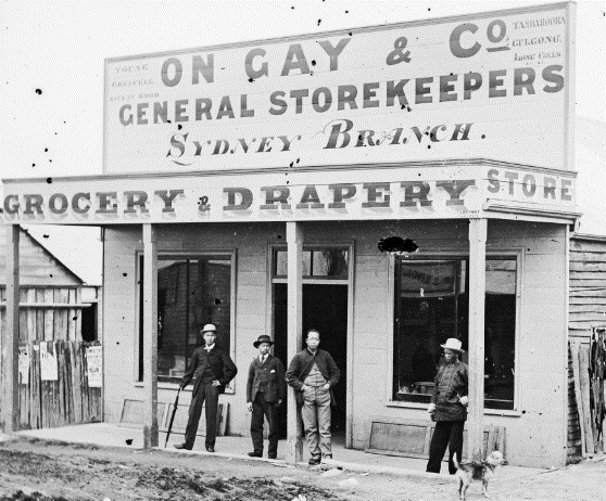 On Gay and his countrymen, outside his grocery & drapery store, Hill End ON 4 Box 7 No 18723 Digital order no: a2822609 State Library of NSW