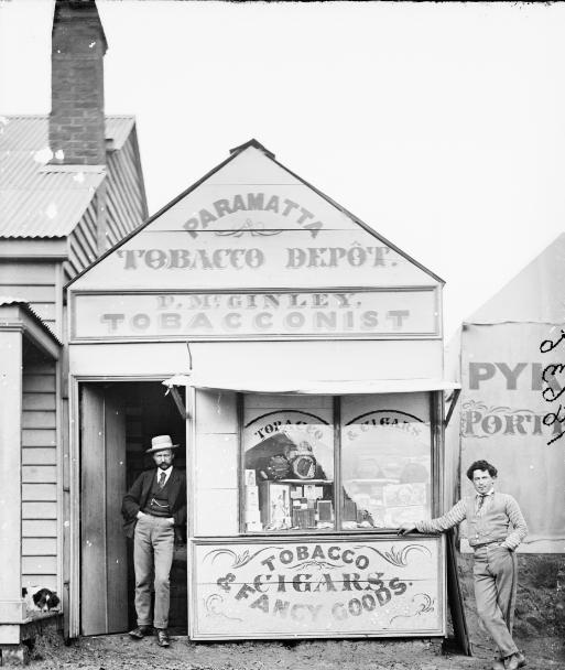 P. McGinley, tobacconist, Paramatta [sic] Tobacco Depot, (and Pyke & Moss, photographers, in the background), Hill End ON 4 Box 6 No 18636 Digital order no: a2822526